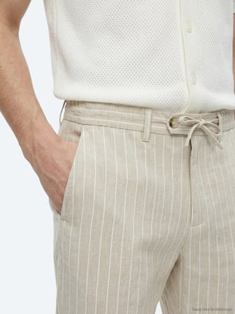 Bej Çizgili Dokuma Jogging Fit Casual Keten Karışımlı Pantolon