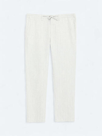 Gri Çizgili Dokuma Jogging Fit Casual Keten Karışımlı Pantolon