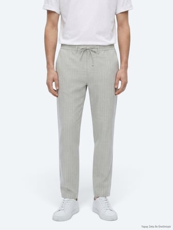 Gri Çizgili Dokuma Jogging Fit Casual Keten Karışımlı Pantolon