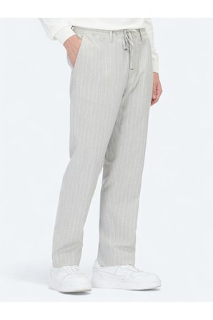 Gri Çizgili Dokuma Jogging Fit Casual Keten Karışımlı Pantolon