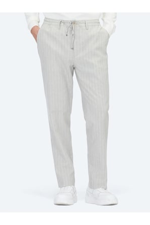 Gri Çizgili Dokuma Jogging Fit Casual Keten Karışımlı Pantolon