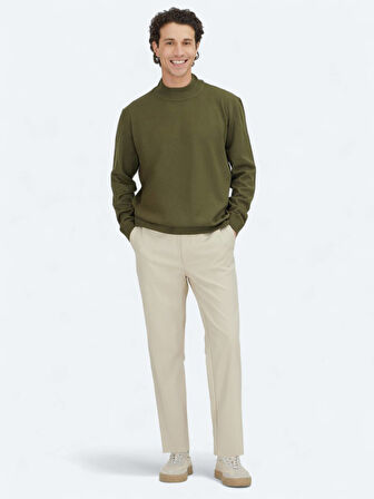 Haki Yarım Balıkçı Yaka Düz Örgü Triko Kazak