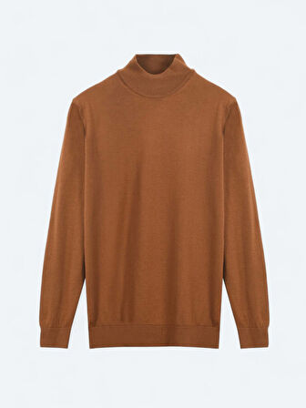 Deve Tüyü Yarım Balıkçı Yaka Düz Örgü Yün Karışımlı Triko Kazak