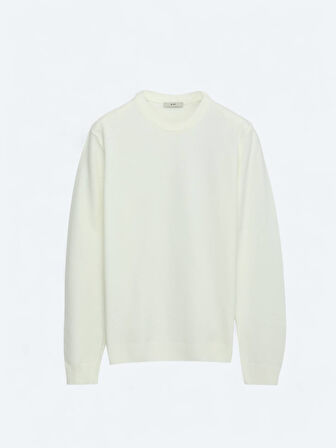 Ekru Bisiklet Yaka Düz Örgü Triko Kazak