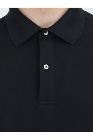 Siyah Düz Polo Yaka Pamuk Karışımlı T-Shirt