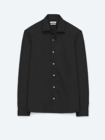 Siyah Regular Fit Dokuma Klasik Pamuk Karışımlı Gömlek