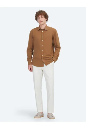 Açık Kahve Regular Fit Dokuma Casual %100 Pamuk Gömlek