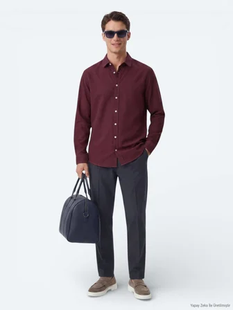 Bordo Düz Regular Fit Uzun Dokuma Casual %100 Pamuk Gömlek