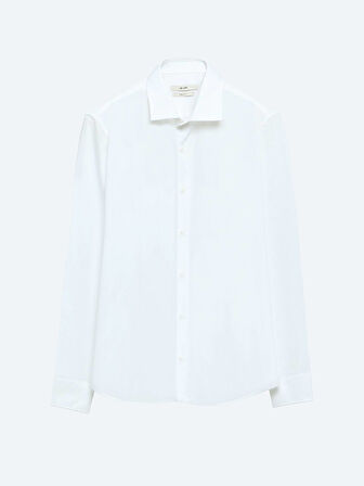 Beyaz Regular Fit Dokuma Klasik Pamuk Karışımlı Gömlek