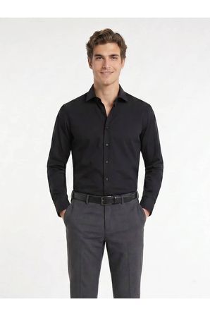 Siyah Regular Fit Uzun Dokuma Casual Pamuk Karışımlı Gömlek