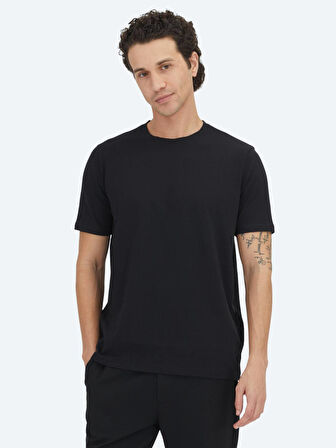 Siyah Düz Bisiklet Yaka %100 Pamuk T-Shirt