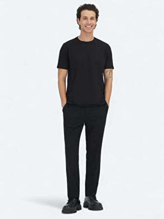 Siyah Düz Bisiklet Yaka %100 Pamuk T-Shirt