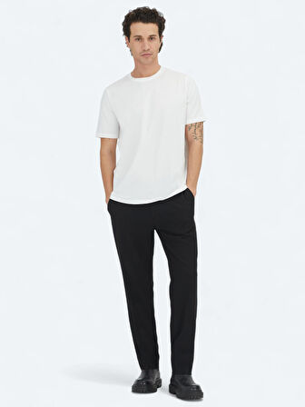 Beyaz Düz Bisiklet Yaka %100 Pamuk T-Shirt