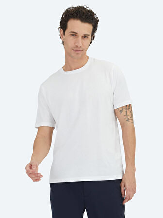 Beyaz Düz Bisiklet Yaka %100 Pamuk T-Shirt