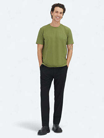 Yeşil Düz Bisiklet Yaka Pamuk Karışımlı T-Shirt