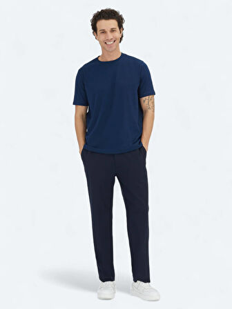 Lacivert Düz Bisiklet Yaka %100 Pamuk T-Shirt