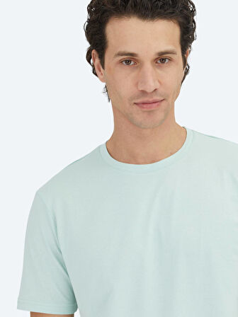 Açık Yeşil Düz Bisiklet Yaka %100 Pamuk T-Shirt