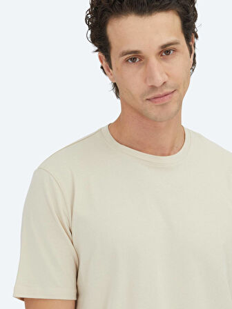 Bej Düz Bisiklet Yaka %100 Pamuk T-Shirt