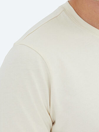 Ekru Düz Bisiklet Yaka %100 Pamuk T-Shirt