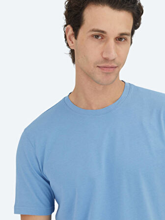 Mavi Düz Bisiklet Yaka %100 Pamuk T-Shirt