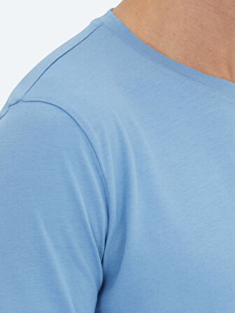 Mavi Düz Bisiklet Yaka %100 Pamuk T-Shirt