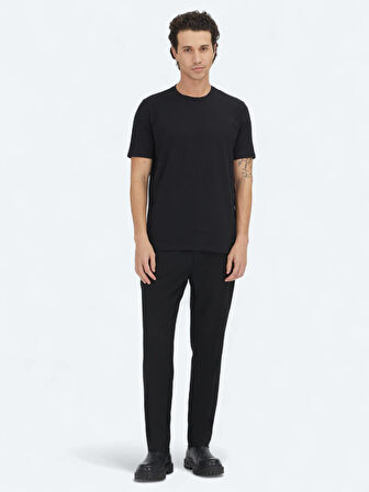 Siyah Düz Bisiklet Yaka %100 Pamuk T-Shirt