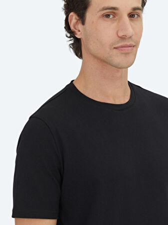 Siyah Düz Bisiklet Yaka %100 Pamuk T-Shirt