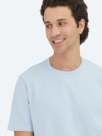 Orta Mavi Düz Bisiklet Yaka %100 Pamuk T-Shirt