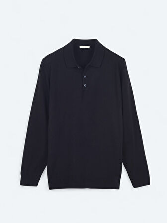 Lacivert Polo Yaka Düz Örgü Triko Kazak