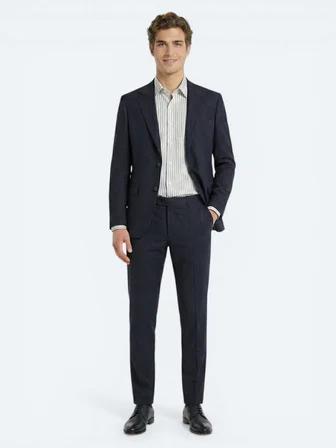 Lacivert Çizgili Modern Fit Yün Karışımlı Takım Elbise