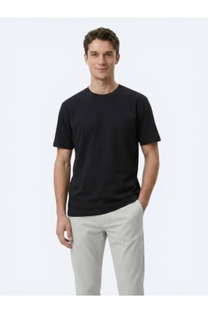 Siyah Düz Pamuk Karışımlı T-Shirt
