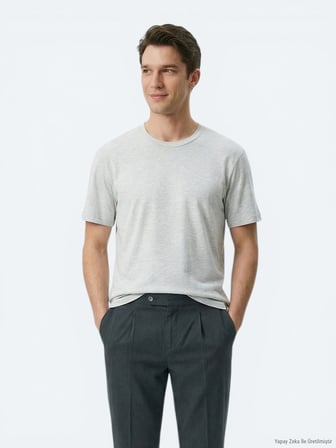 Gri Düz Pamuk Karışımlı T-Shirt