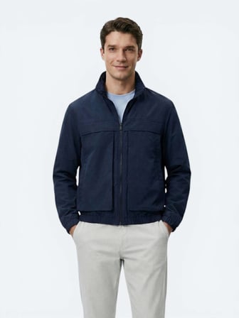 Lacivert Relaxed Fit Dik Yaka Casual Dokuma Mont