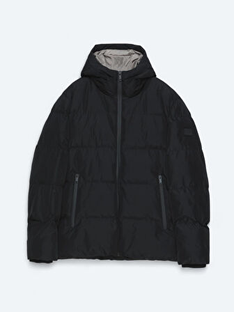 Siyah Kapüşonlu Casual Dokuma Kaban