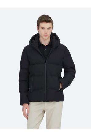 Siyah Regular Fit Kapüşonlu Casual Dokuma Mont