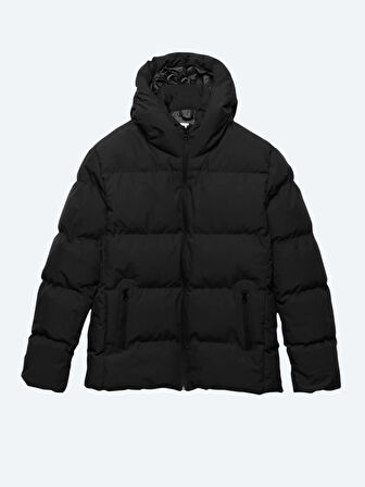Siyah Regular Fit Kapüşonlu Casual Dokuma Mont