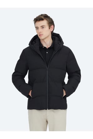 Siyah Regular Fit Kapüşonlu Casual Dokuma Mont