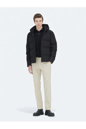 Siyah Regular Fit Kapüşonlu Casual Dokuma Mont