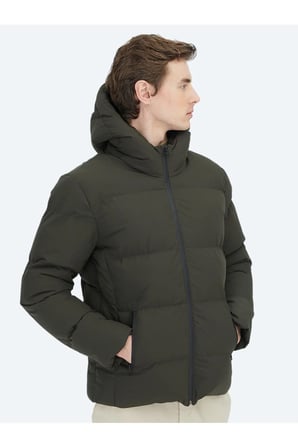 Haki Regular Fit Kapüşonlu Casual Dokuma Mont