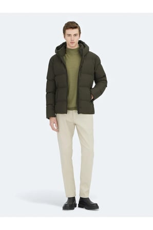 Haki Regular Fit Kapüşonlu Casual Dokuma Mont