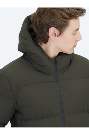 Haki Regular Fit Kapüşonlu Casual Dokuma Mont