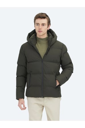 Haki Regular Fit Kapüşonlu Casual Dokuma Mont