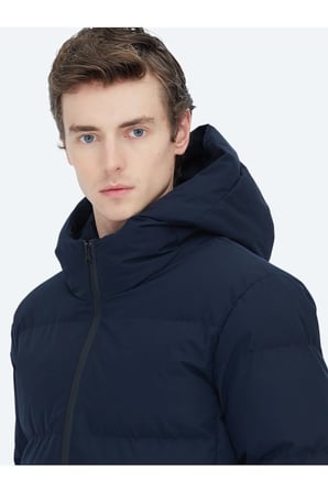Lacivert Regular Fit Kapüşonlu Casual Dokuma Mont