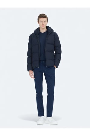 Lacivert Regular Fit Kapüşonlu Casual Dokuma Mont