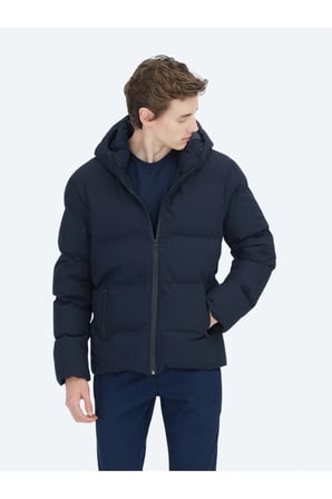 Lacivert Regular Fit Kapüşonlu Casual Dokuma Mont