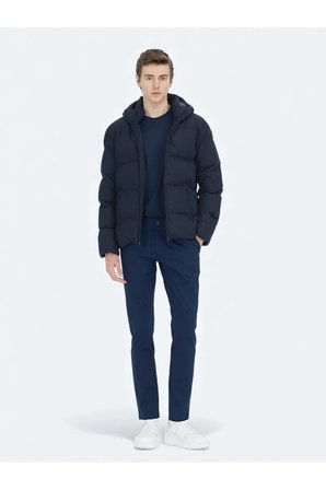 Lacivert Regular Fit Kapüşonlu Casual Dokuma Mont