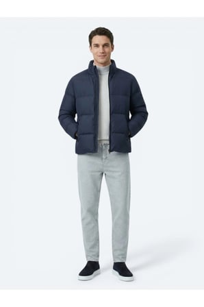 Lacivert Regular Fit Dik Yaka Casual Dokuma Mont