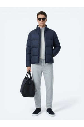 Lacivert Regular Fit Dik Yaka Casual Dokuma Mont