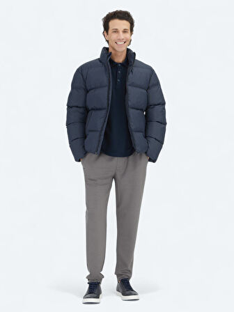 Lacivert Regular Fit Dik Yaka Casual Dokuma Mont