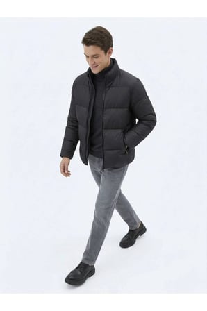 Siyah Regular Fit Dik Yaka Casual Dokuma Mont